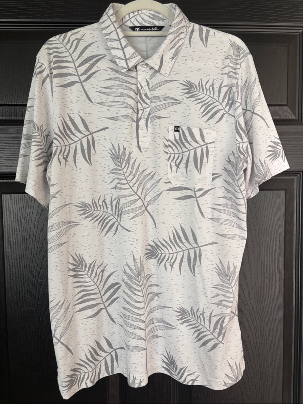 Travis Mathew White Polo with Gray Leaf Print